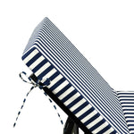 Matelas transat premium 190x60 cm en rayures bleu marine, épais 10 cm avec têtière, déhoussable pour bains de soleil.