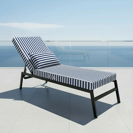 Matelas Transat Premium 190x60 Rayure Bleu Marine - Épais 10cm & Têtière (Déhoussable)