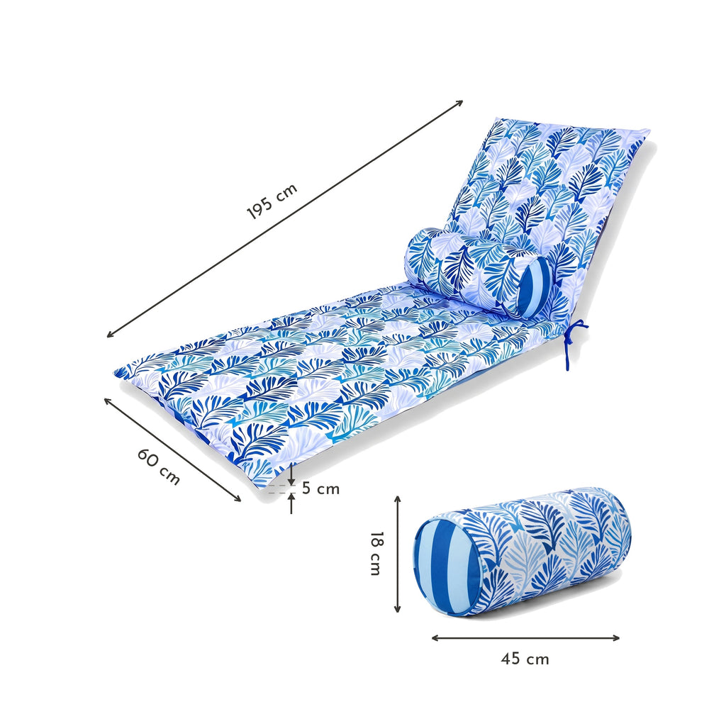Matelas transat 195x60 motif Feuillage Bleu – dimensions 195 x 60 x 5 cm, traversin 45 x 18 cm