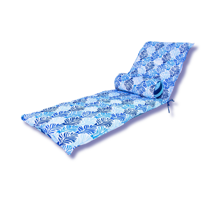 Colchoneta para Tumbona 195x60 Motivo Follaje Azul + Travesaño, tejido anti-UV e hidrófugo