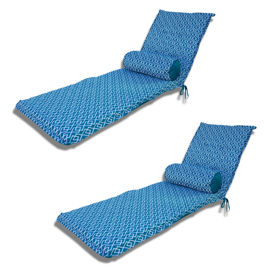 Lote de 2 Cojines para Tumbona 195x60 Motif Géométrique Verde Turquoise + 2 Travesaños, tejido anti-UV e hidrófugo