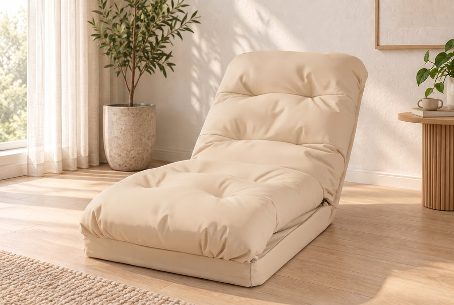 Sillón de Suelo Convertible Beige - 3 en 1 (Cama 210x60) & Respaldo Regulable