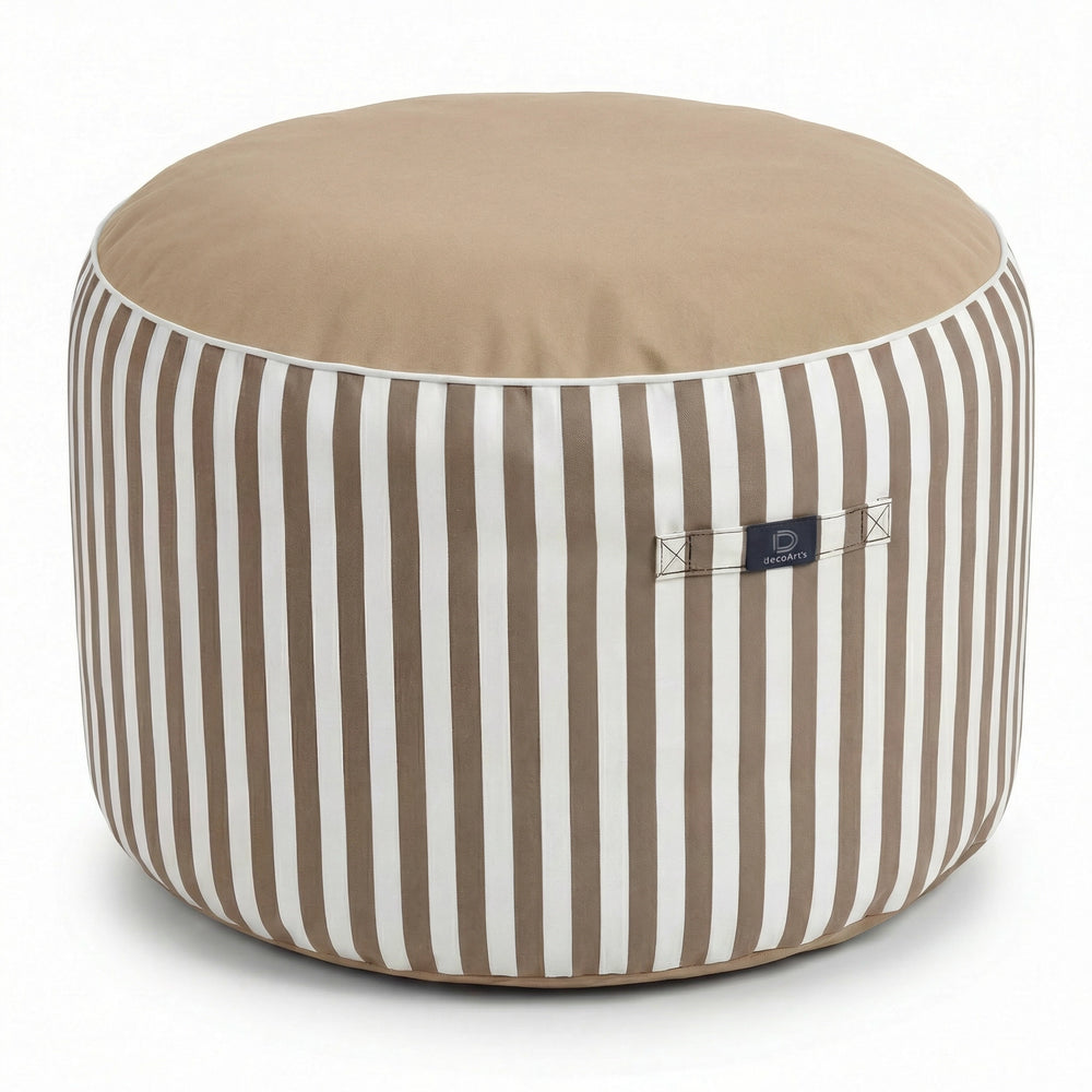 Puf Redondo Rayas Beige, tejido anti-UV e hidrófugo
