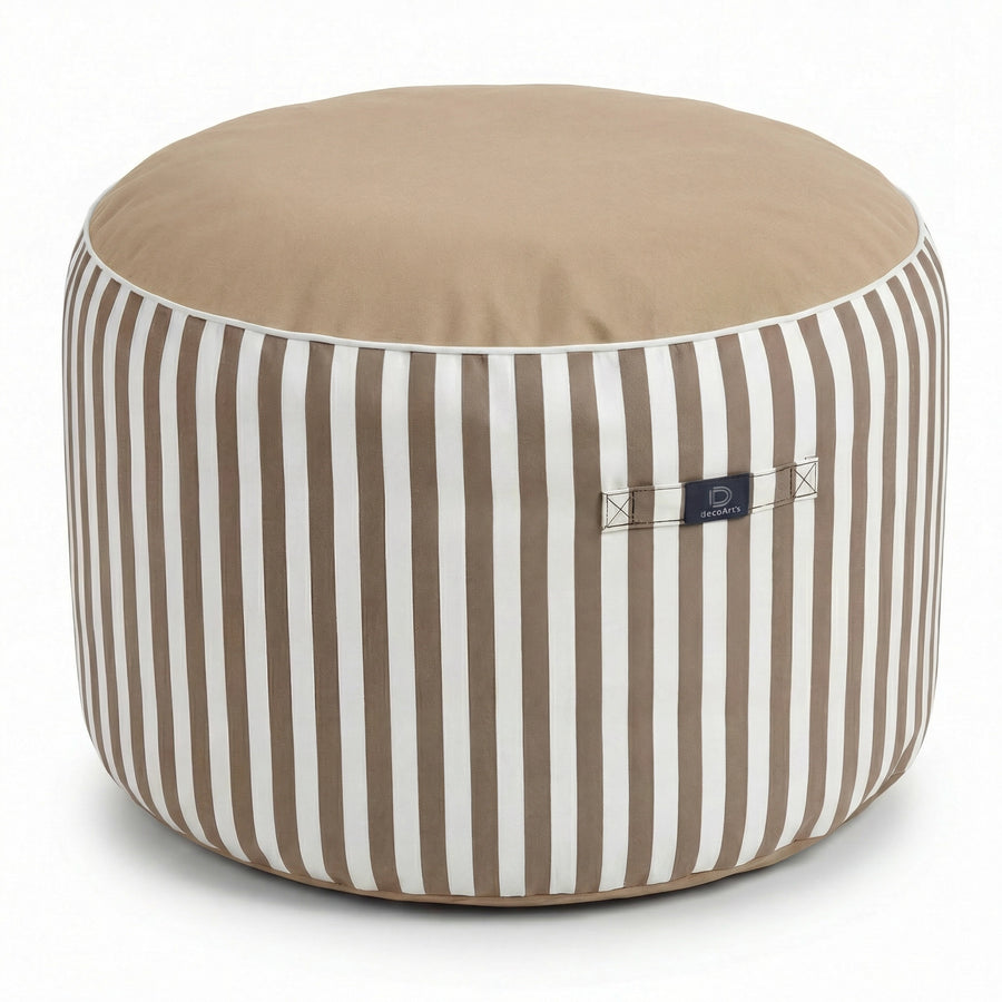 Puf Redondo Rayas Beige, tejido anti-UV e hidrófugo