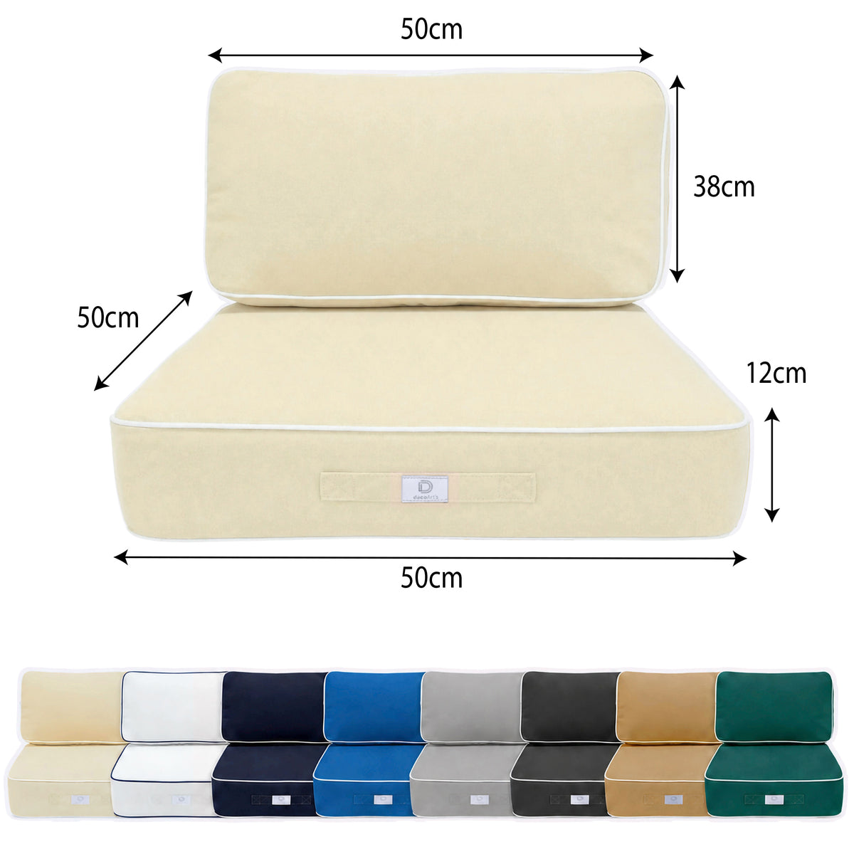 Conjunto de Cojines Premium 50x50 Amarillo Beurre - Grueso 12cm & Acabado con Ribete – esquema con medidas