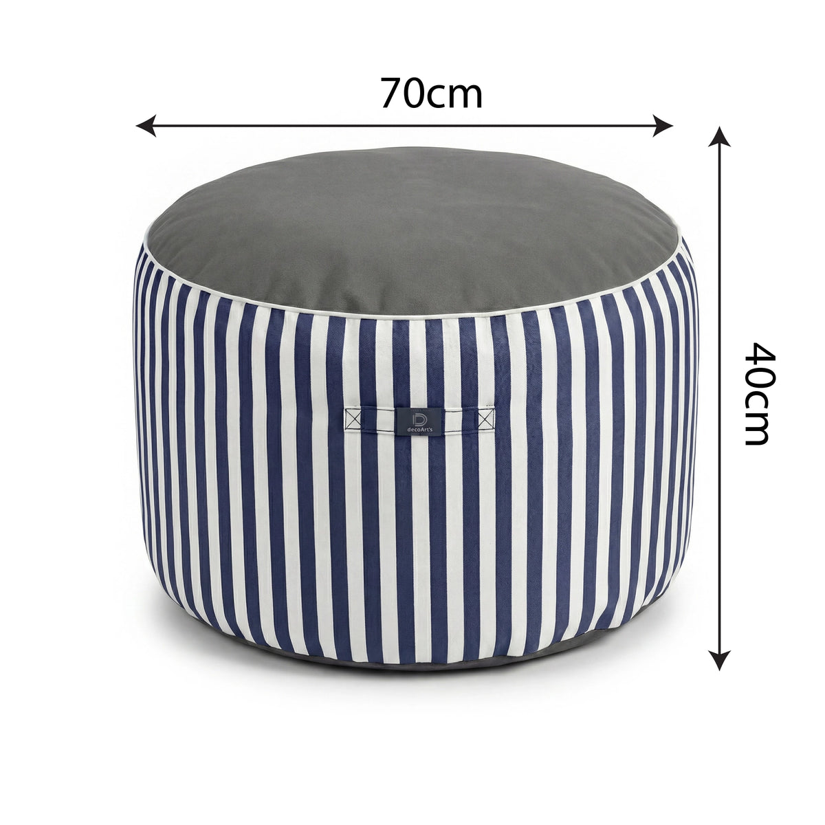 Puf Redondo Rayas Azul Marino - Premium 270g - Altura 40cm Diámetro 70cm – esquema con medidas