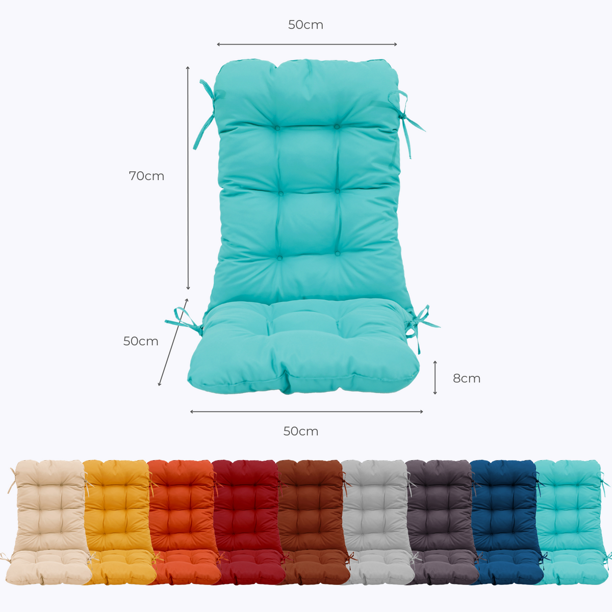 Cojín para Silla con Respaldo Alto 120x50 Azul Caribe - Acolchado (Confort 8cm) – esquema con medidas
