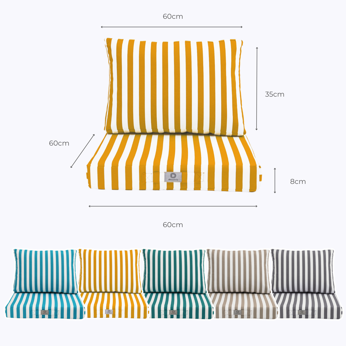 Coussins pour salon de jardin déhoussable 60x60cm - Rayure Jaune - Deco-arts.fr