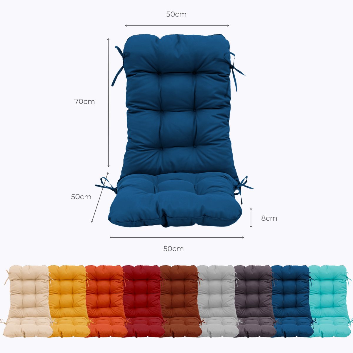 Cojín para Silla con Respaldo Alto 120x50 Azul Petróleo - Acolchado (Confort 8cm) – esquema con medidas