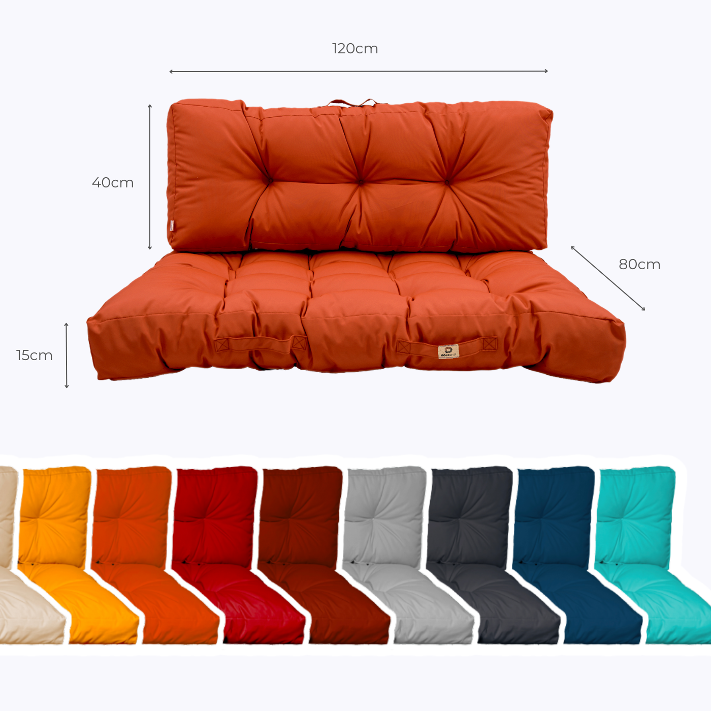 Lot coussins extérieur pour palette orange 120x80 Imperméables Anti-UV DECOARTS - Deco-arts.fr