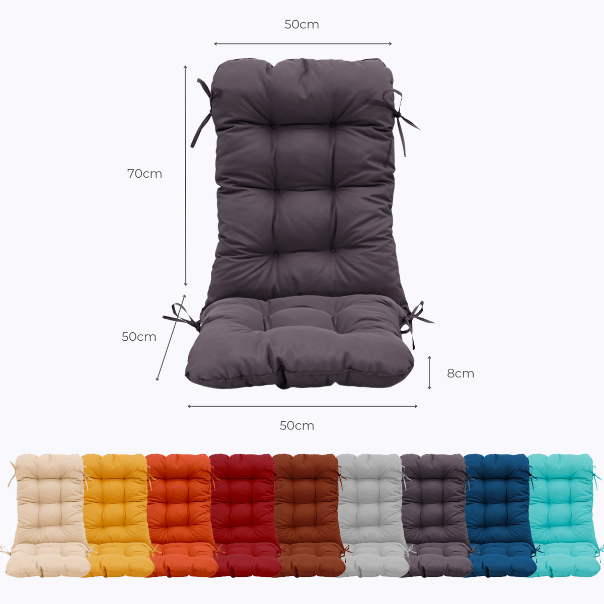 Cojín para Silla con Respaldo Alto 120x50 Gris Carbón - Acolchado (Confort 8cm) – esquema con medidas