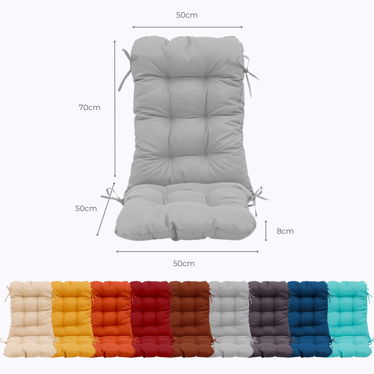 Cojín para Silla con Respaldo Alto 120x50 Gris Guijarro - Acolchado (Confort 8cm) – esquema con medidas