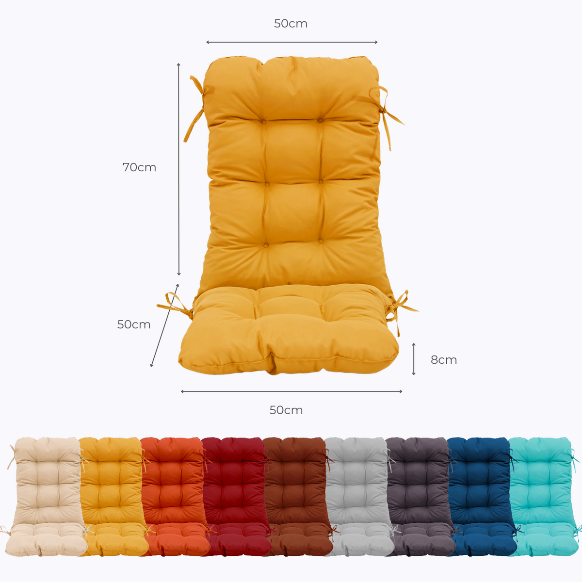 Cojín para Silla con Respaldo Alto 120x50 Amarillo - Acolchado (Confort 8cm) – esquema con medidas