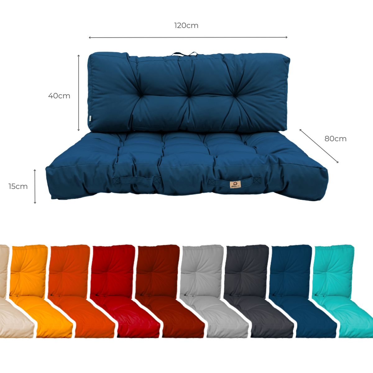 Conjunto de Cojines para Palé 120x80 Azul Petróleo - Impermeable & Grueso 15cm – esquema con medidas