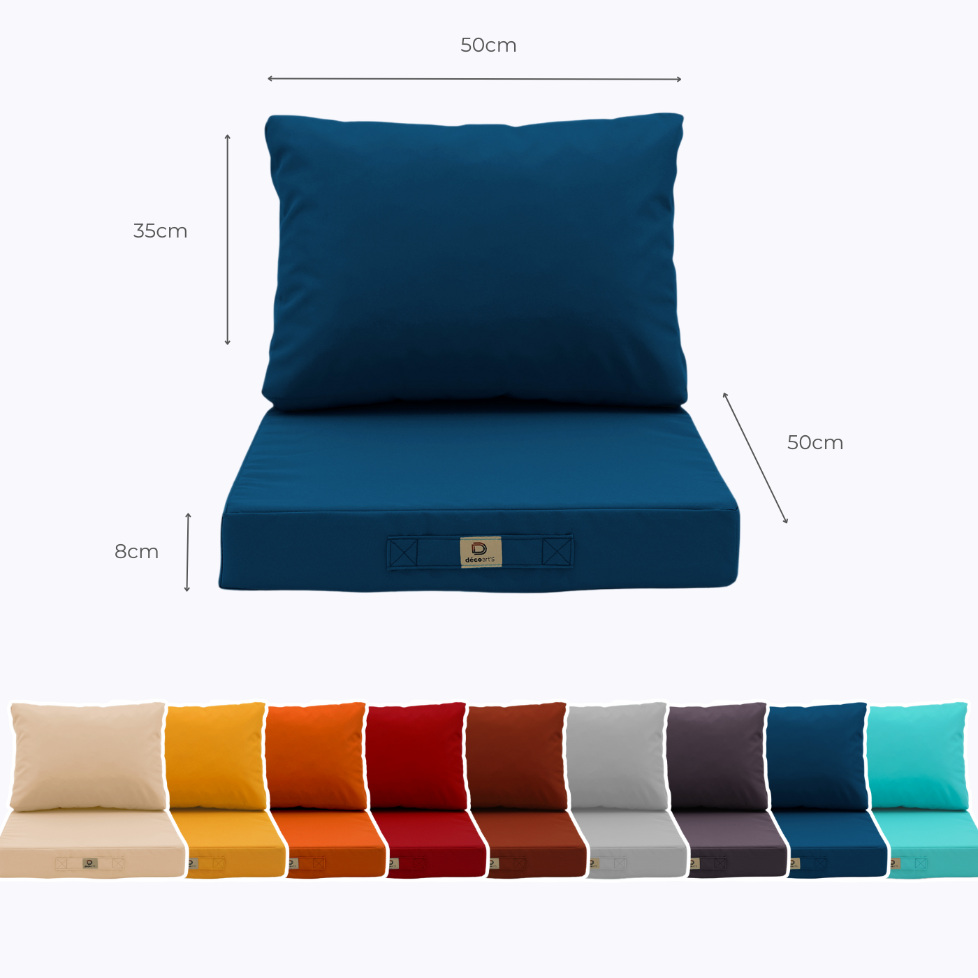 Coussins pour salon de jardin déhoussable 50x50cm Bleu pétrole - Deco-arts.fr