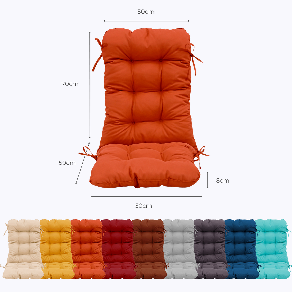Cojín para Silla con Respaldo Alto 120x50 Naranja - Acolchado (Confort 8cm) – esquema con medidas