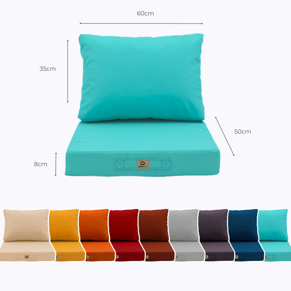 Ensemble de coussins de salon jardin 50x60 cm bleu Caraïbes pour fauteuils et canapés, assise et dossier.