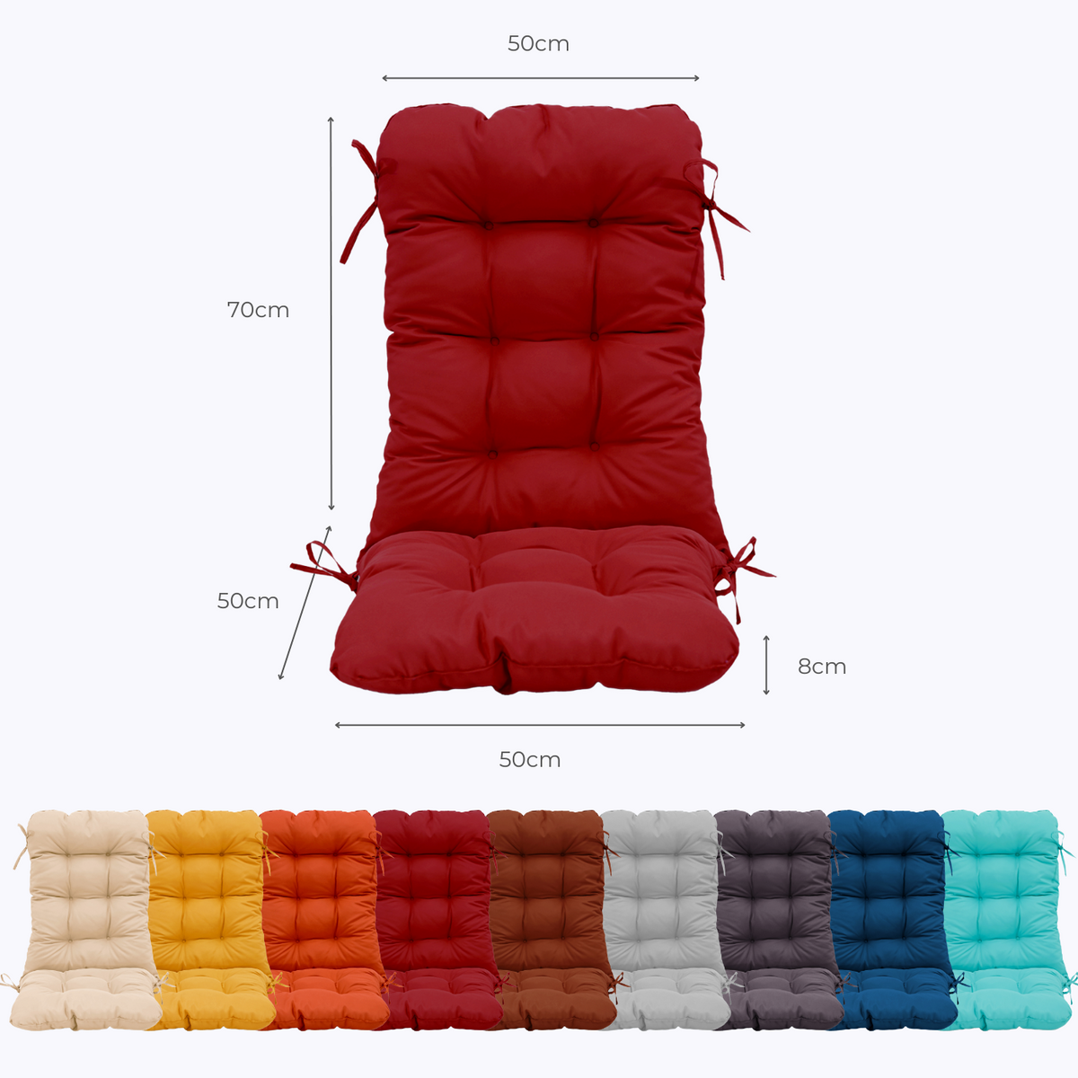 Cojín para Silla con Respaldo Alto 120x50 Rojo - Acolchado (Confort 8cm) – esquema con medidas