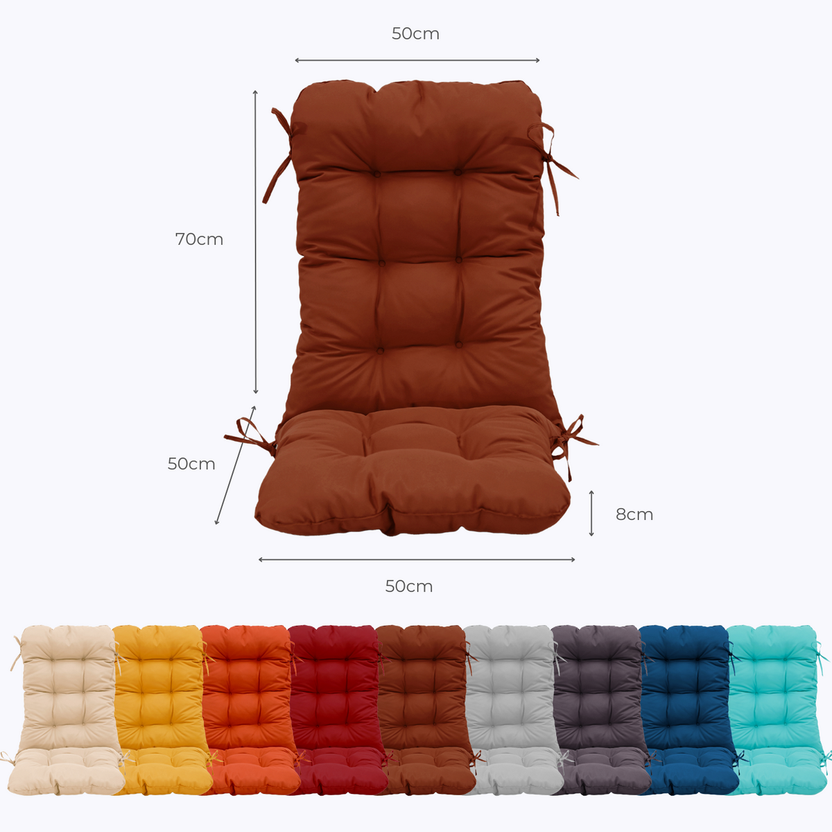 Cojín para Silla con Respaldo Alto 120x50 Terracota - Acolchado (Confort 8cm) – esquema con medidas