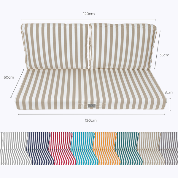 Ensemble de 3 coussins de jardin beige rayés pour fauteuils et canapés, 120x60 cm, en tissu 270g, style extérieur élégant.