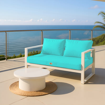 Ensemble de 3 coussins de jardin Bleu Caraïbes pour salon, déhoussables et anti-UV, pour fauteuils et canapés.
