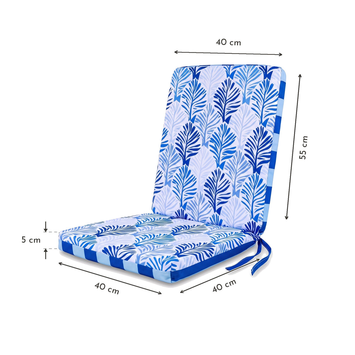 Lote de 4 Cojines para Silla con Respaldo Alto 95x40 - Motivo Follaje Azul (Confort 5cm) – esquema con medidas