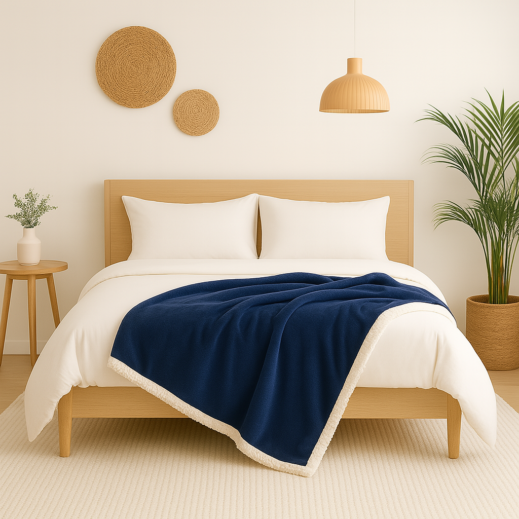 Plaid Sherpa Flanelle 480GSM 150X200 Bleu marine DECO ARTS - Deco-arts.fr