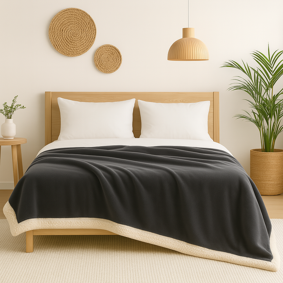 Plaid Sherpa Flanelle 480GSM 200x240 Gris Anthracite DECO ARTS - Deco-arts.fr