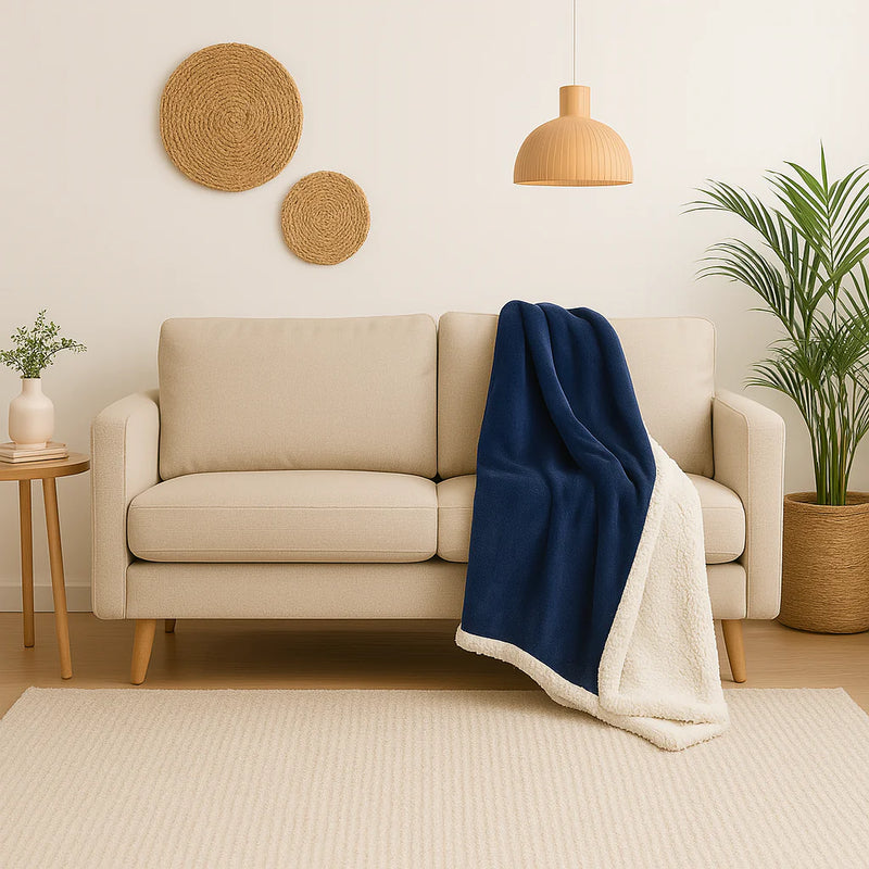 Manta Sherpa Franela 150x200 Azul Marino - Doble Cara Grueso 480g/m² (Especial Sofá)