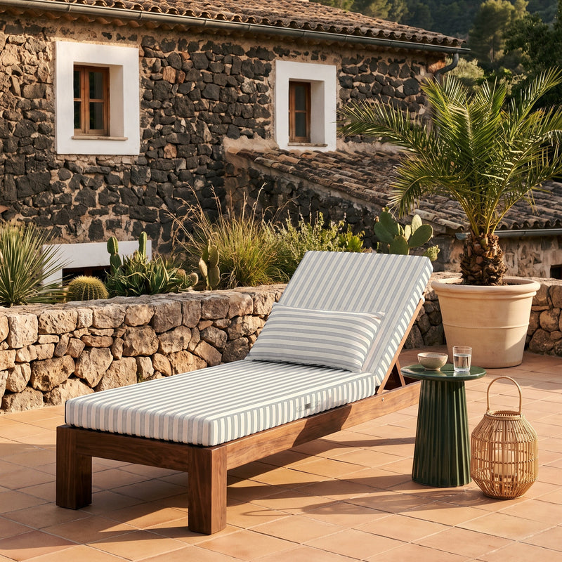 Colchoneta Premium para Tumbona 190x60 Rayas Gris Claro - Grueso 10cm & Reposacabezas (Con Funda Extraíble)