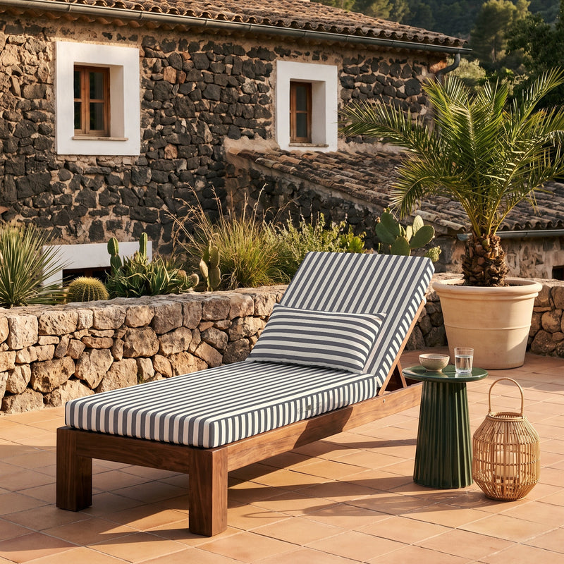 Colchoneta Premium para Tumbona 190x60 Rayas Gris Oscuro - Grueso 10cm & Reposacabezas (Con Funda Extraíble)