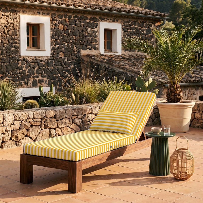 Colchoneta Premium para Tumbona 190x60 Rayas Amarillas - Grueso 10cm & Reposacabezas (Con Funda Extraíble)