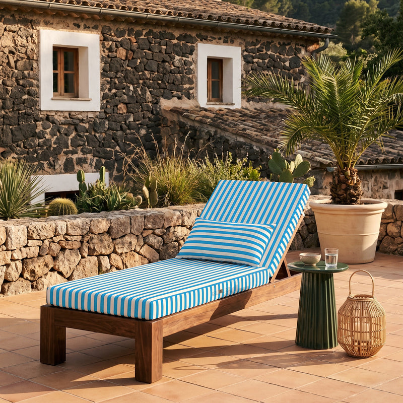 Colchoneta Premium para Tumbona 190x60 Rayas Turquesa - Grueso 10cm & Reposacabezas (Con Funda Extraíble)