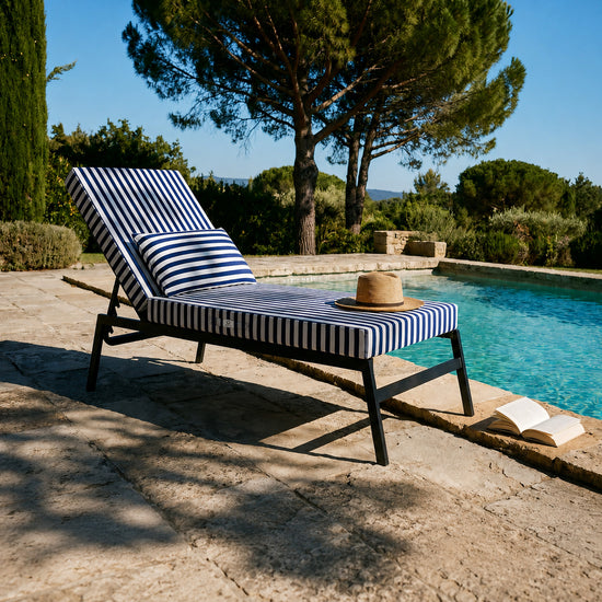 Colchoneta Premium para Tumbona 190x60 Rayas Azul Marino - Grueso 10cm & Reposacabezas (Con Funda Extraíble)