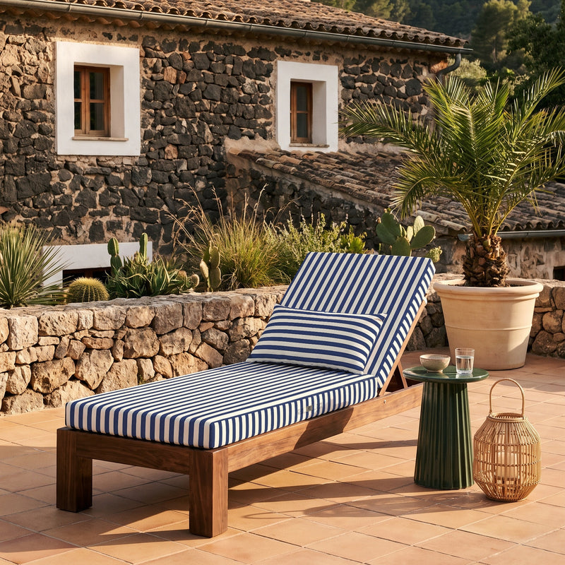 Colchoneta Premium para Tumbona 190x60 Rayas Azul Marino - Grueso 10cm & Reposacabezas (Con Funda Extraíble)