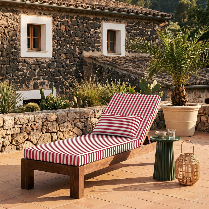 Colchoneta Premium para Tumbona 190x60 Rayas Rojas - Grueso 10cm & Reposacabezas (Con Funda Extraíble)