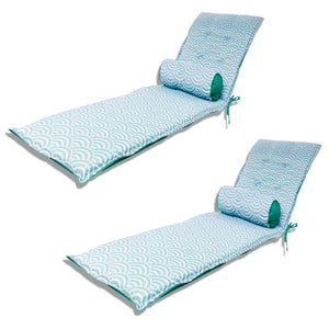 Lote de 2 Cojines para Tumbona 195x60 Motif Éventails Verdes + 2 Travesaños - Anti-UV