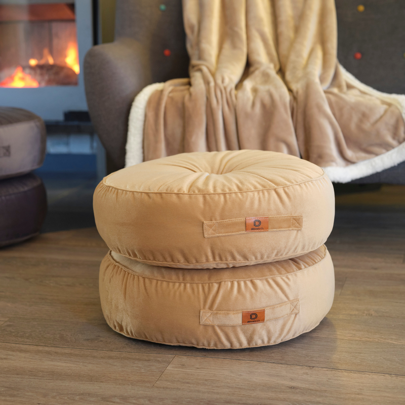 Lote de 2 Pufs Redondos de Terciopelo Ø50 Beige - (Diseño Suave & Asa de Transporte)