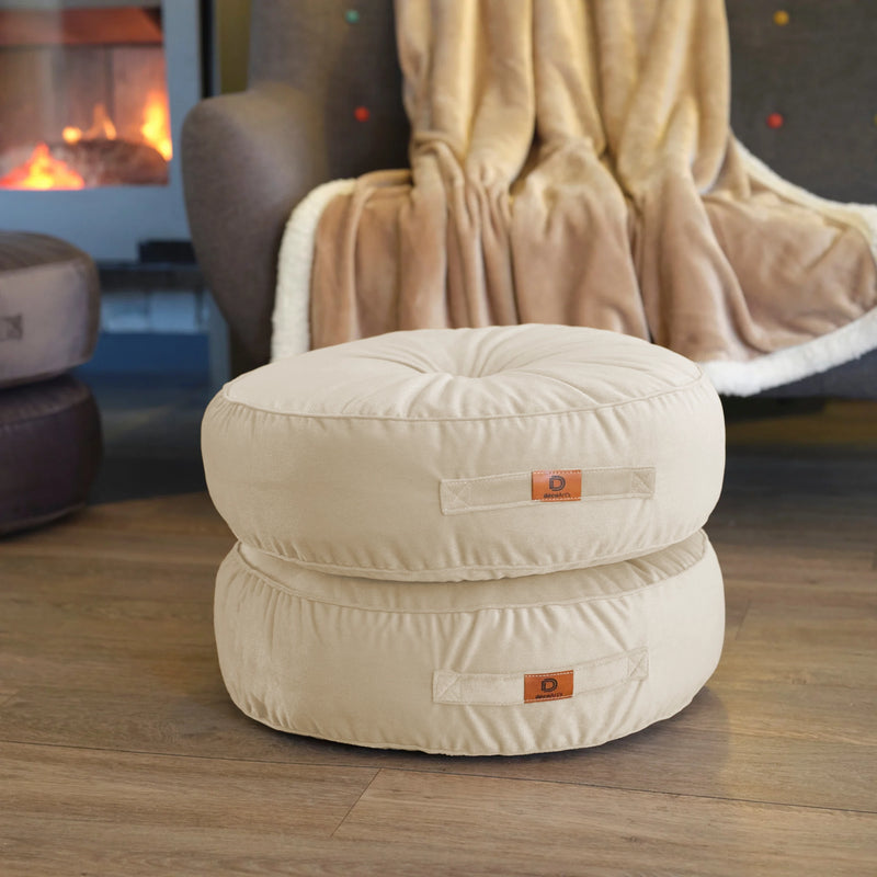 Lote de 2 Pufs Redondos de Terciopelo Ø50 Crema - (Diseño Suave & Asa de Transporte)