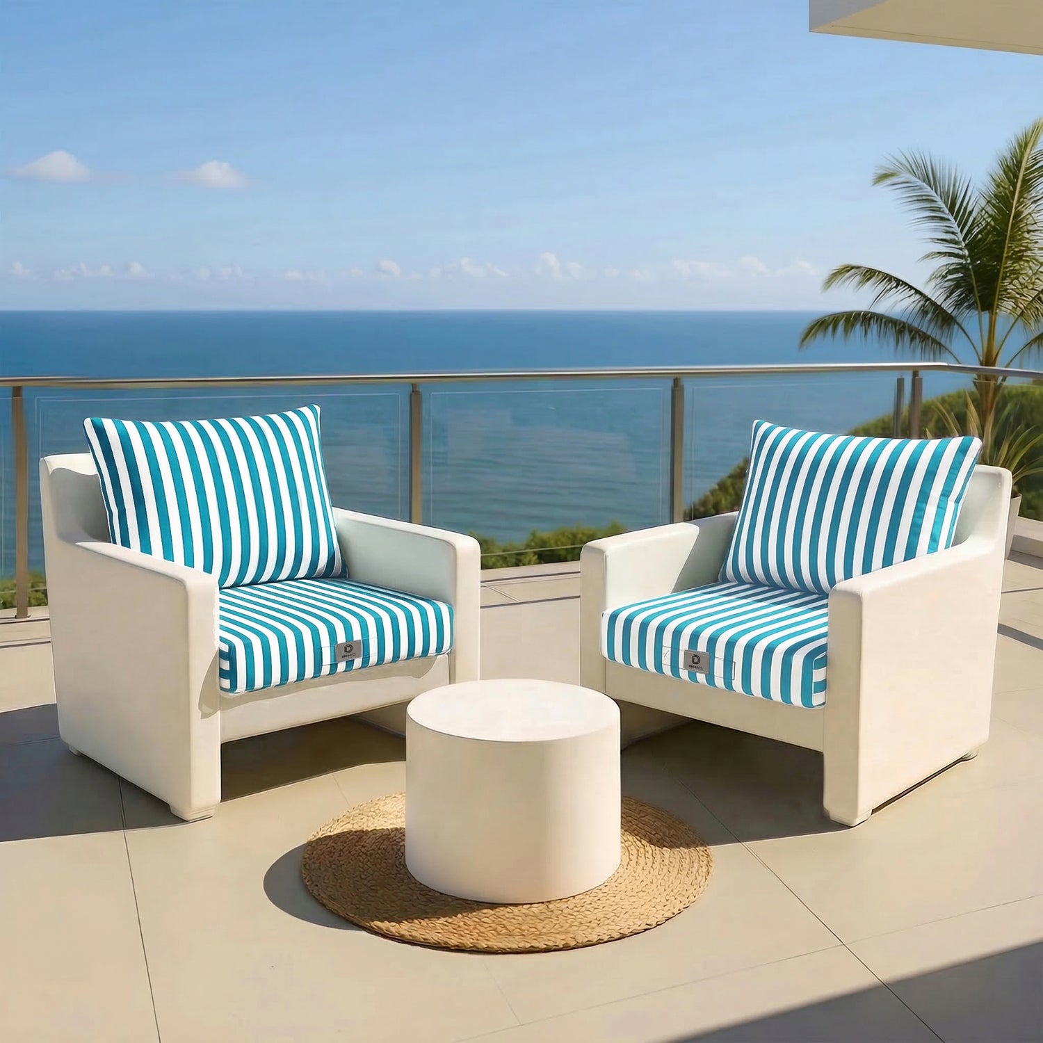Ensemble de coussins de salon de jardin rayure turquoise, 50x50 cm, pour fauteuils et canapés, en tissu premium 270g.