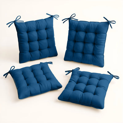 Coussins pour fauteuils et canapés, lot de 4 galettes de chaise 40x40 cm bleu pétrole, déperlantes avec attaches, pour intérieur et extérieur