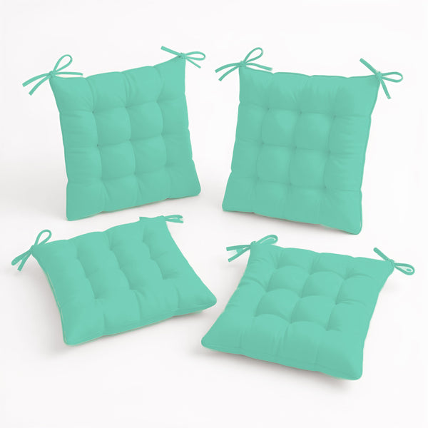 Lot de 4 galettes de chaise vert menthe 40x40 cm, déperlantes avec attaches, pour intérieur et extérieur.
