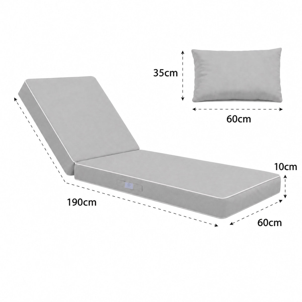 Colchoneta Premium para Tumbona 190x60 Gris Claro - Grueso 10cm & Reposacabezas (Funda Extraíble) – esquema con medidas