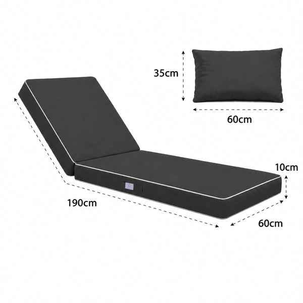 Colchoneta Premium para Tumbona 190x60 Gris Oscuro - Grueso 10cm & Reposacabezas (Funda Extraíble)