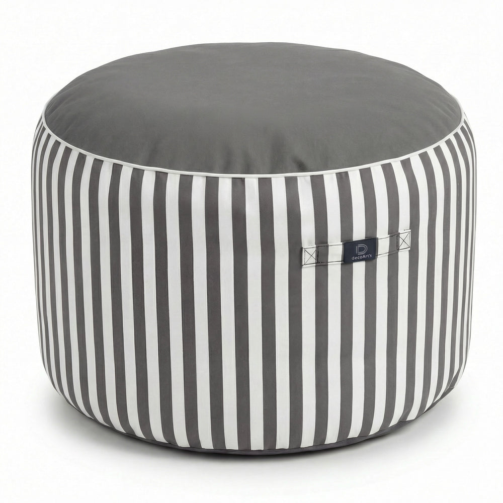 Puf Redondo Rayas Gris Oscuro, tejido anti-UV e hidrófugo