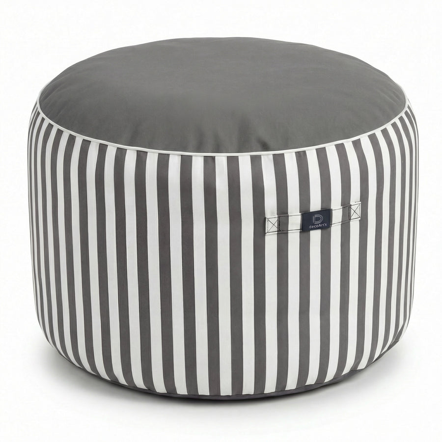Puf Redondo Rayas Gris Oscuro, tejido anti-UV e hidrófugo
