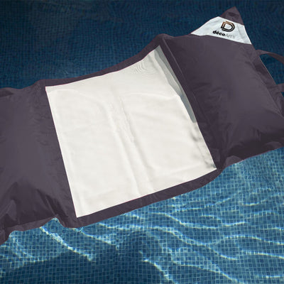 Pouf flottant de piscine XXL gris carbone de Deco-arts.fr, matelas hamac à billes pour confort adulte en extérieur.