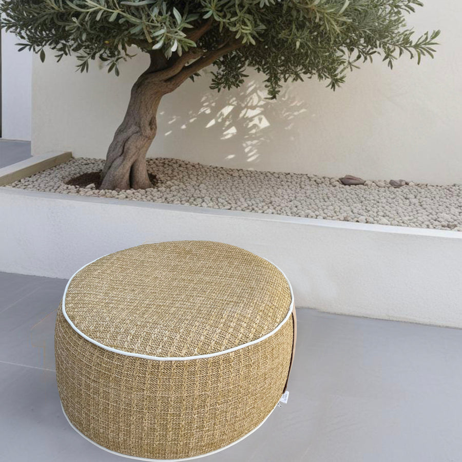Pouf gonflable extérieur rond 53cm avec effet raphia, imperméable, conçu pour un mobilier d'extérieur élégant et pratique.