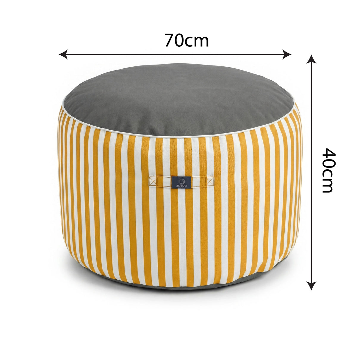 Puf Redondo Rayas Amarillo - Premium 270g - Altura 40cm Diámetro 70cm – esquema con medidas