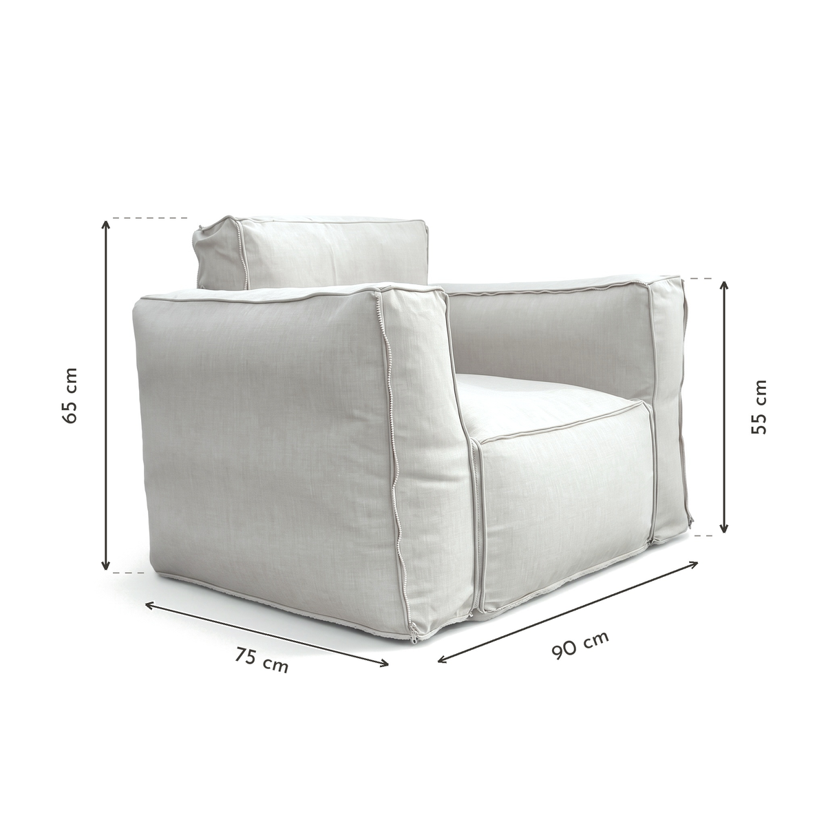 Sillón Modular de Jardín 90x75 Gris Guijarro - Tejido Olefina & Núcleo Hinchable (Bomba Incluida) – esquema con medidas